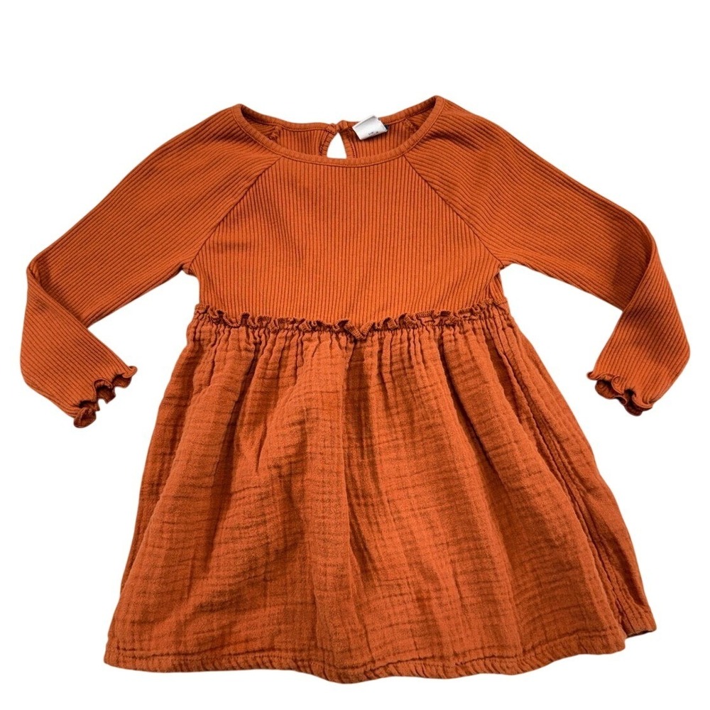 Old Navy Toddler Girls Burnt Orange Ribbed Gauze Mixed Media Dress 2T LS